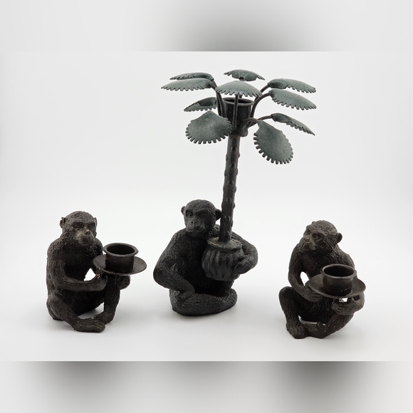 Bronze Cast Monkey Candlestick Holder Sitting Palm Tree Lot Of 3 Decorative Art - Picture 1 of 5